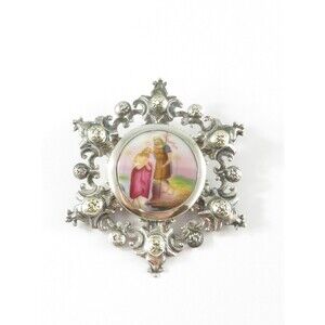 Austro Hungarian 800 Silver Porcelain Brooch Jesus & John the Baptist c1900